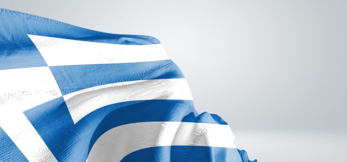 Greece,National,Flag,Cloth,Fabric,Waving,On,Beautiful,Light,Grey