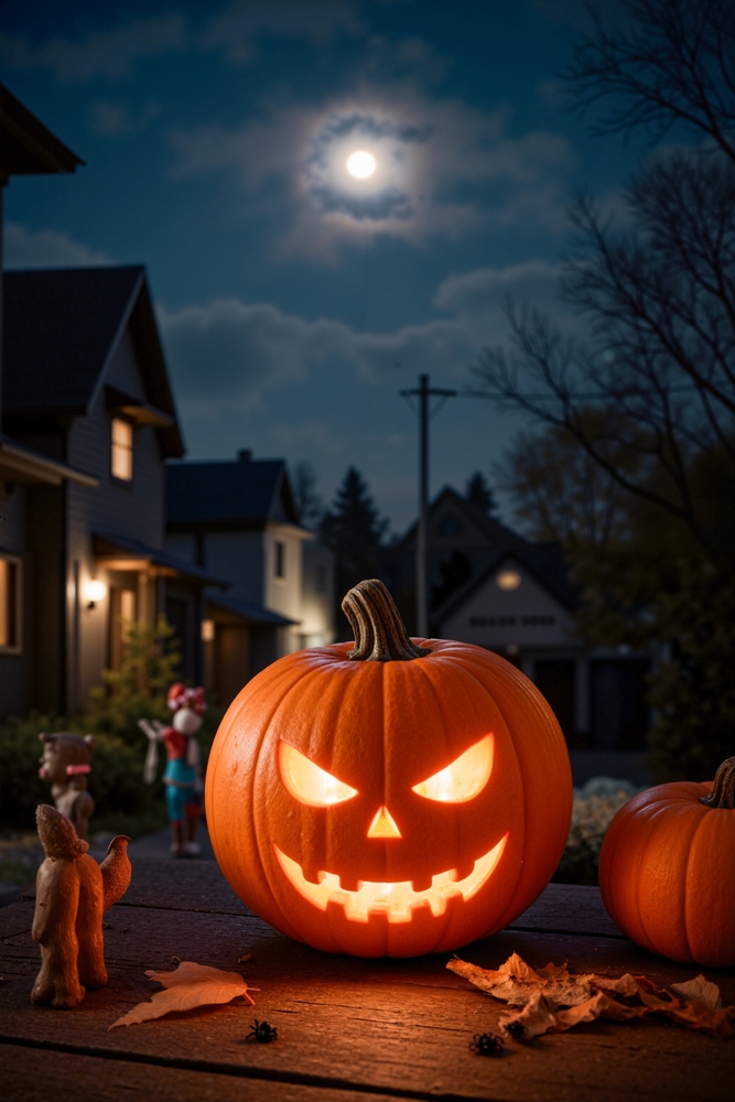 A,Glowing,Jack-o'-lantern,With,An,Ominous,Carved,Face,Sits,On