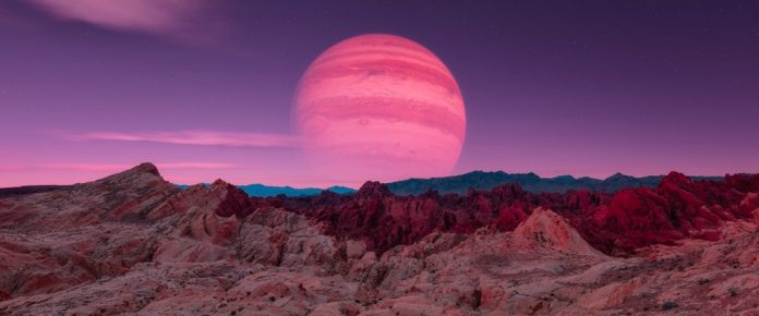 Sci-fi,Scene,Of,Alien,Planet,Rocky,Terrain,With,Background,Jupiter