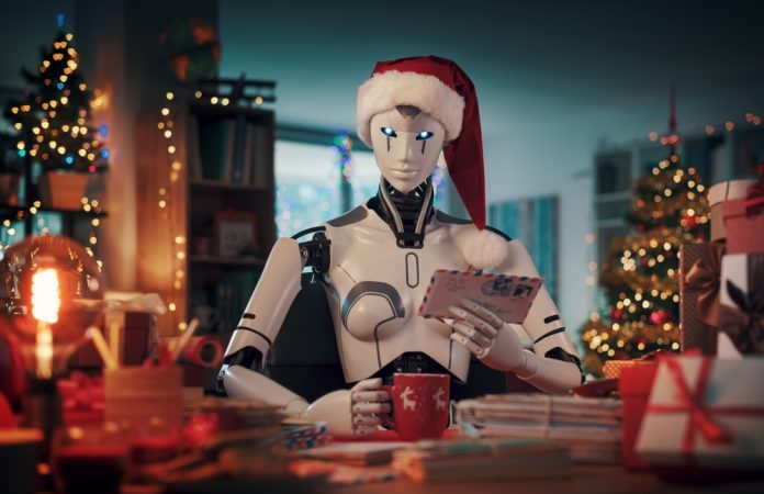 Humanoid,Ai,Robot,Santa,Claus,Reading,Letters,At,Home,And