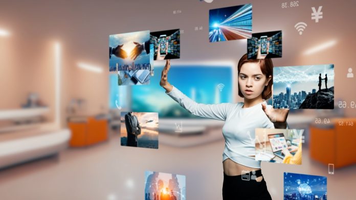 Woman,Manipulating,3d,Image,Screens