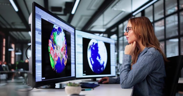 Female,Climate,Scientist,Analyzing,Weather,Map,For,Global,Warming,Research.