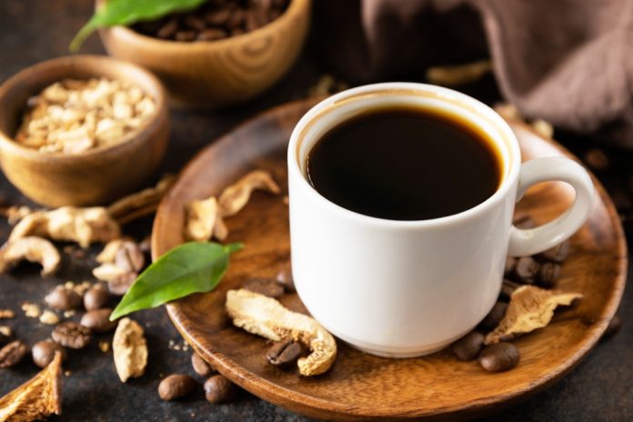 Mushroom,Coffee,In,A,Cup,And,Coffee,Beans,,Trendy,Drink