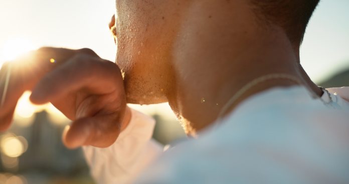 Chin,,Hand,And,Sweating,With,Sports,Person,Outdoor,In,Nature
