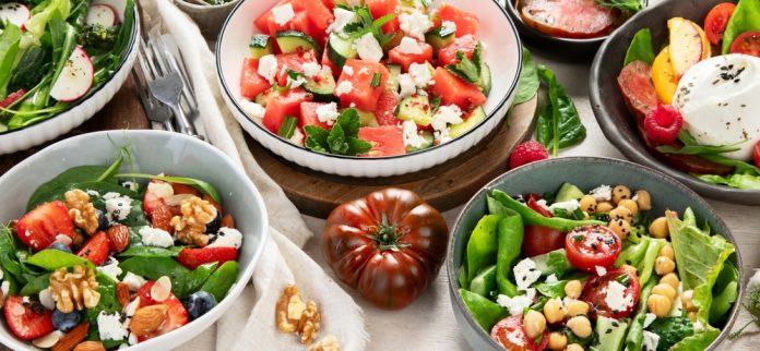 Various,Summer,Salads,With,Strawberry,,Herbs.,Healthy,Salad,With,Arugula,
