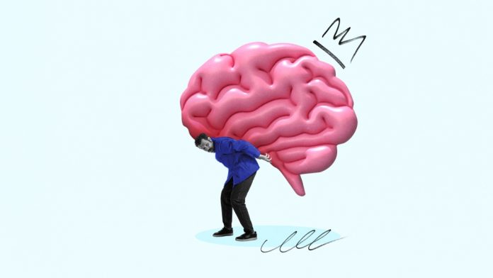 Graphic,Composition.,Man,Carrying,Oversized,Brain,Symbolizing,Burden,Of,Thoughts.