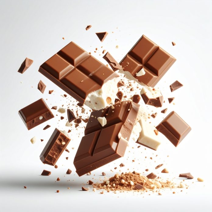 Floating,Torn,Chocolate,Bar,With,Nougat,Filling,Isolated,On,White