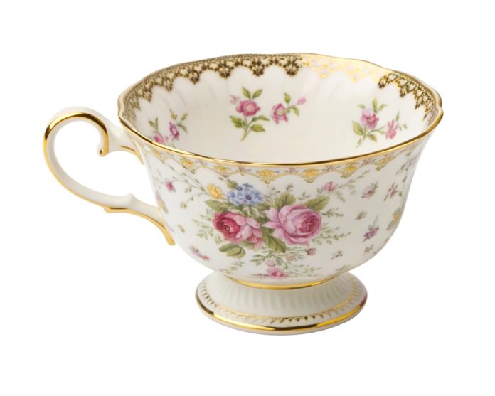Vintage,China,Teacup,With,Delicate,Floral,Pattern,And,Gold,Accents